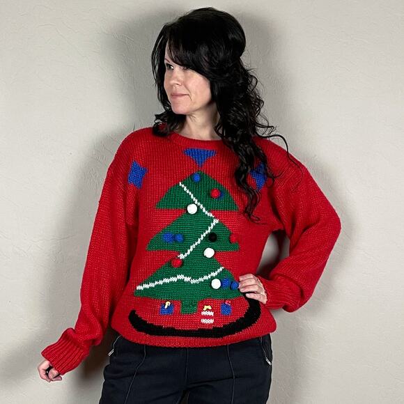 Vintage 1980s Red Christmas Tree 3D Graphic Holiday Sweater - Picture 1 of 8